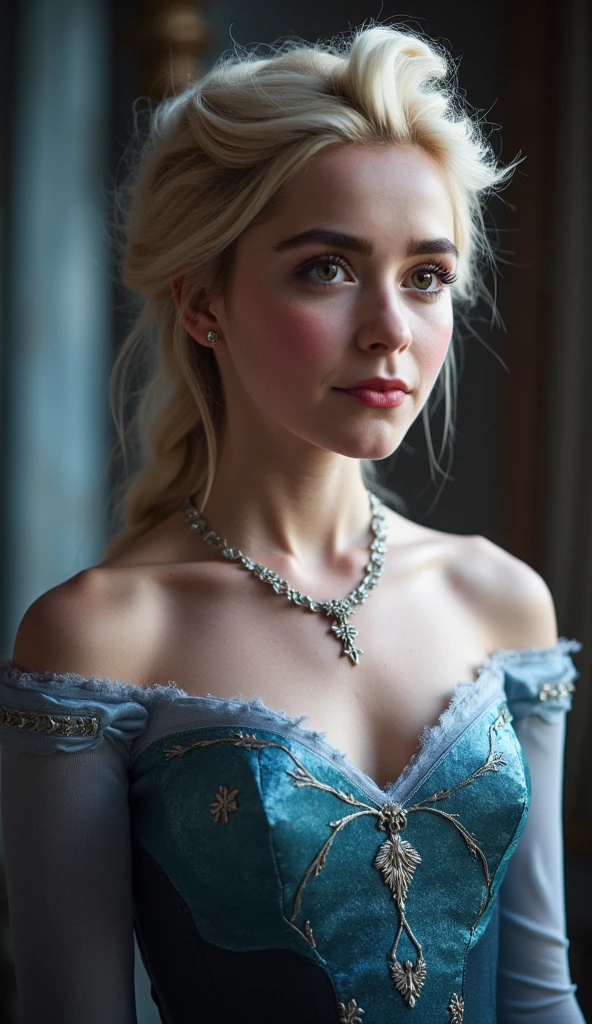 A stunning portrait of Elsa, queen of arendelle, young and beautiful, hyper realistic, real portrait, backlit, exquisite features, cleavage, sexy, seductive, interior of a castle 