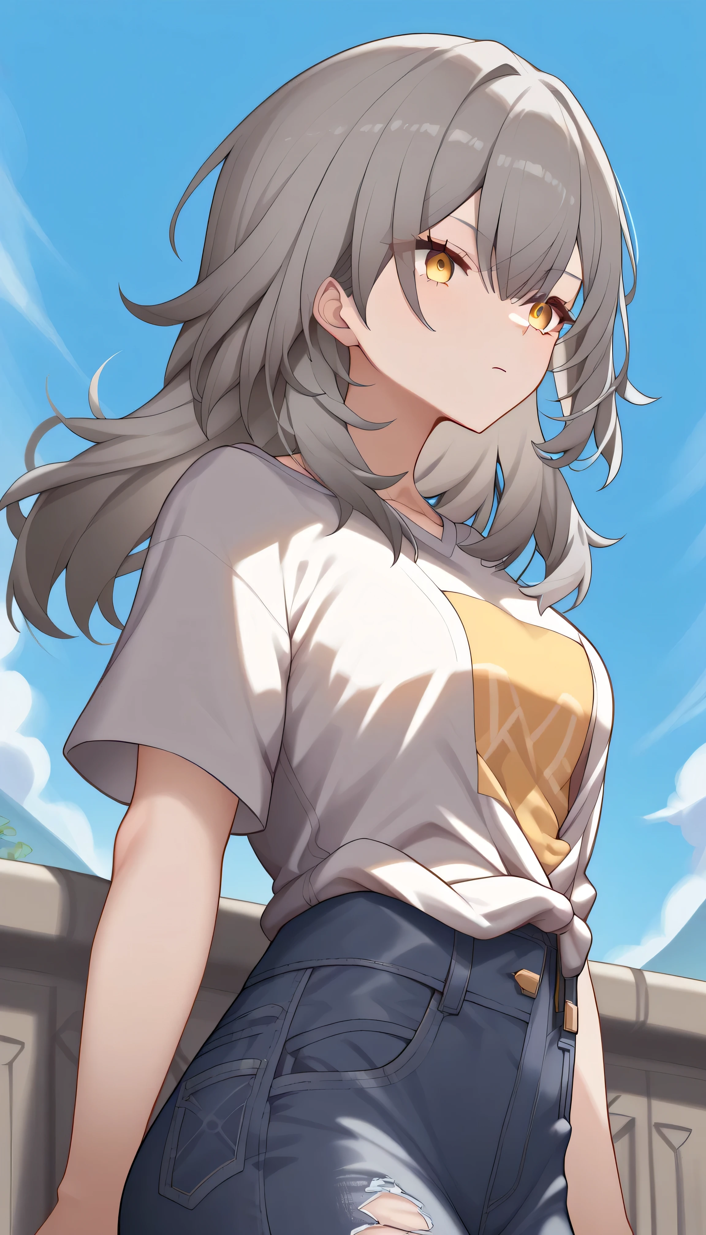 stelledef, yellow eyes, grey hair, long hair, hair between eyes,　polo shirt　damage jeans　駅　