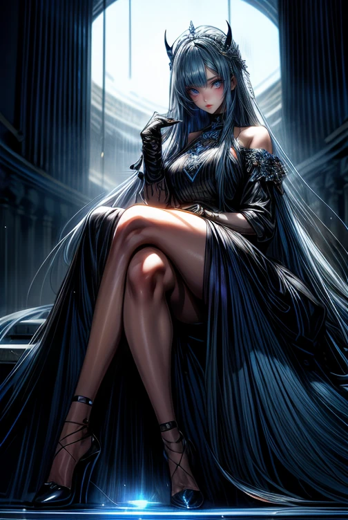 Long Hairのbeautifulアニメ風の美女, (((Purple-blue hair)))Long Hair,(((Highest quality)))Transparent Hair,Face of Sadness,(((blue eyes)))A beautiful woman filled with sorrow,(((Perfect figure)))Big Breasts,(((Radical black and grey dress))),(((Radical Clergy)))Chaotic clothes,Rosary(((beautiful)))Pale skin,(((Glossy feel)))Full Body Shot,Crow,(((background)))dead tree,fog,Red Moon,Mysterious flower,Graveyard of Darkness。
