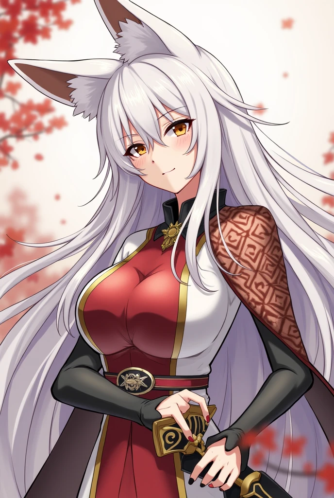 (masterpiece, best quality, detailed), 1girl, solo, GhislaineDedoldiaNDV, grey hair, red eyes, animal ears, cat ears, tail, large breasts, very long hair, dark skin, muscular female, dark-skinned female, eyepatch, scar on cheek,
miko, japanese clothes, red hakama, hakama skirt, wide sleeves, white kimono, ribbon trim, outdoors, garden, rose, grass, sunlight, day, blue sky, arms behind back, smile closed mouth