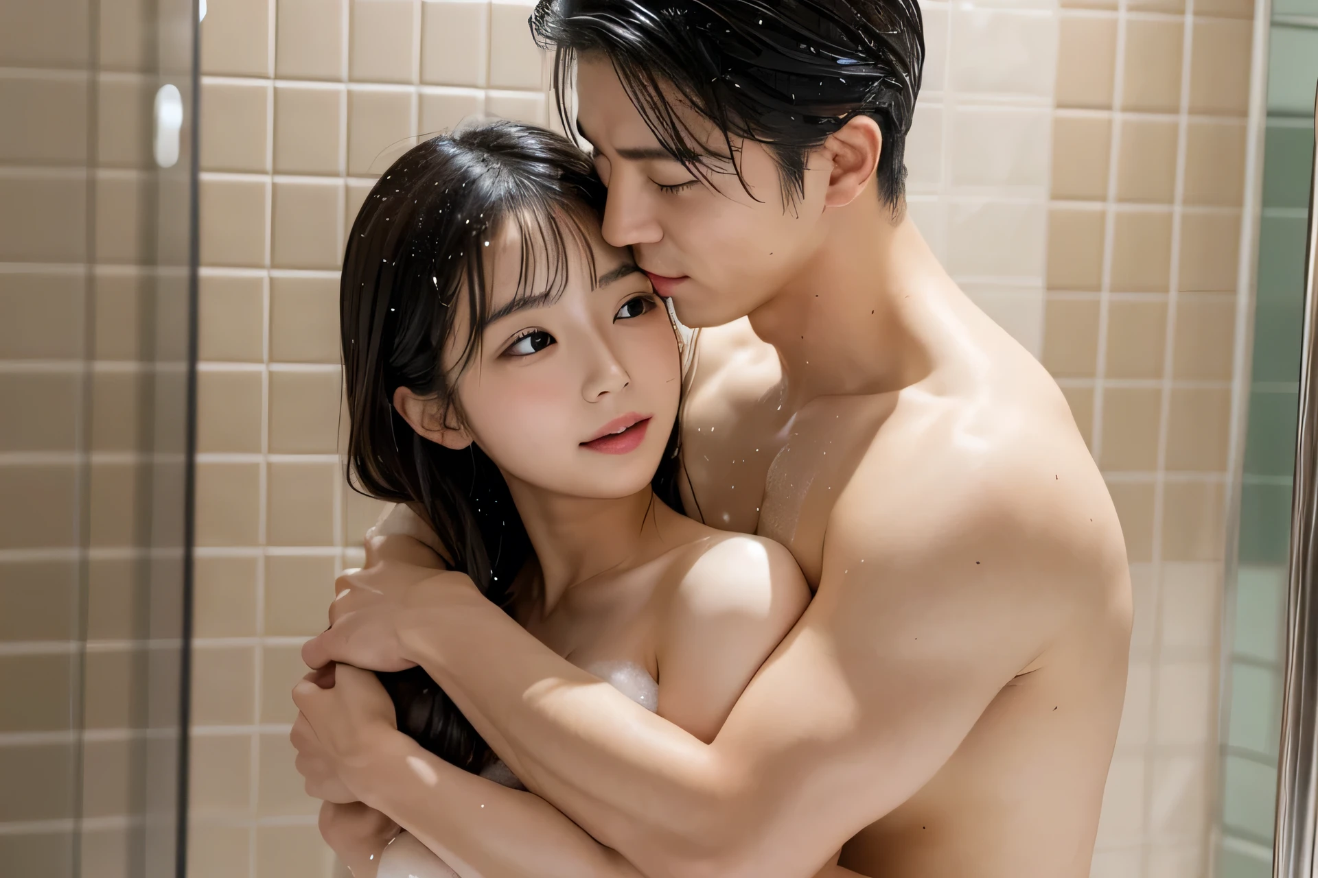 A naked cute and sexy and hot and beautiful Japanese girl kissing the naked beautiful and sexy boy while the boy and girl is taking shower together