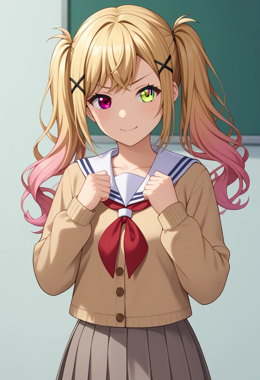 score_9, score_8_up, score_7_up,score_6_up, score_5_up, score_4_up , 1girl, solo, heterochromia, Arisaichigaya, ArisaIchigaya,long hair,twintails,side bangs,x hair ornament,hairclip  ,brown eyes,blonde_hair,collarbone,school uniform,serafuku, sailor collar, white sailor collar,brown sleeves,long sleeves, buttons, sailor dress,   brown dress, pleated dress,short dress hanasakigawa school uniform, saki, blonde hair, long hair, pink hair, gradient hair, red eyes, twintails, 1girl, solo, bangs, skirt,  long sleeves, school uniform, collarbone, sidelocks, pleated skirt, serafuku, sailor collar, neckerchief, cardigan, clenched hand, red neckerchief, grey skirt, white sailor collar, yellow cardigan, flirting, cowboy shot, simple background