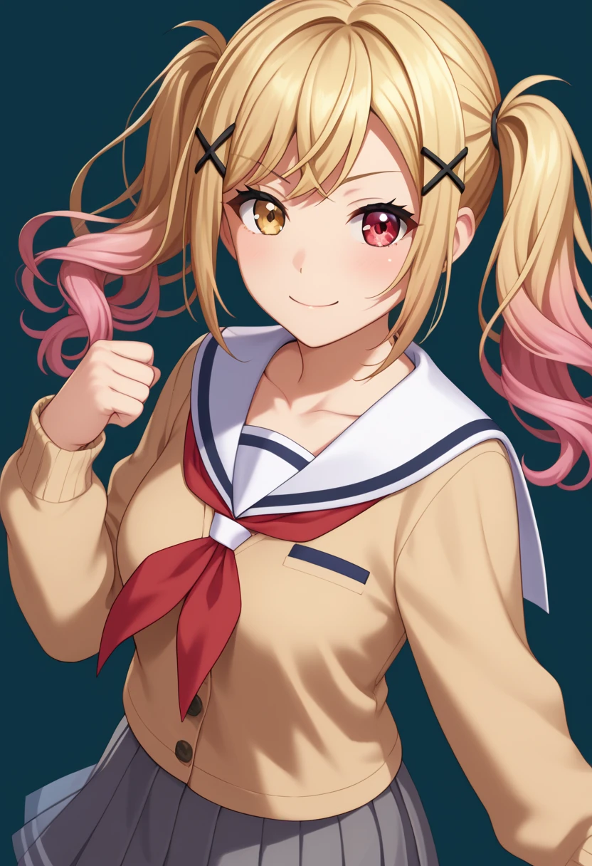 score_9, score_8_up, score_7_up,score_6_up, score_5_up, score_4_up , 1girl, solo, heterochromia, Arisaichigaya, ArisaIchigaya,long hair,twintails,side bangs,x hair ornament,hairclip  ,brown eyes,blonde_hair,collarbone,school uniform,serafuku, sailor collar, white sailor collar,brown sleeves,long sleeves, buttons, sailor dress,   brown dress, pleated dress,short dress hanasakigawa school uniform, saki, blonde hair, long hair, pink hair, gradient hair, red eyes, twintails, 1girl, solo, bangs, skirt,  long sleeves, school uniform, collarbone, sidelocks, pleated skirt, serafuku, sailor collar, neckerchief, cardigan, clenched hand, red neckerchief, grey skirt, white sailor collar, yellow cardigan, flirting, cowboy shot, simple background