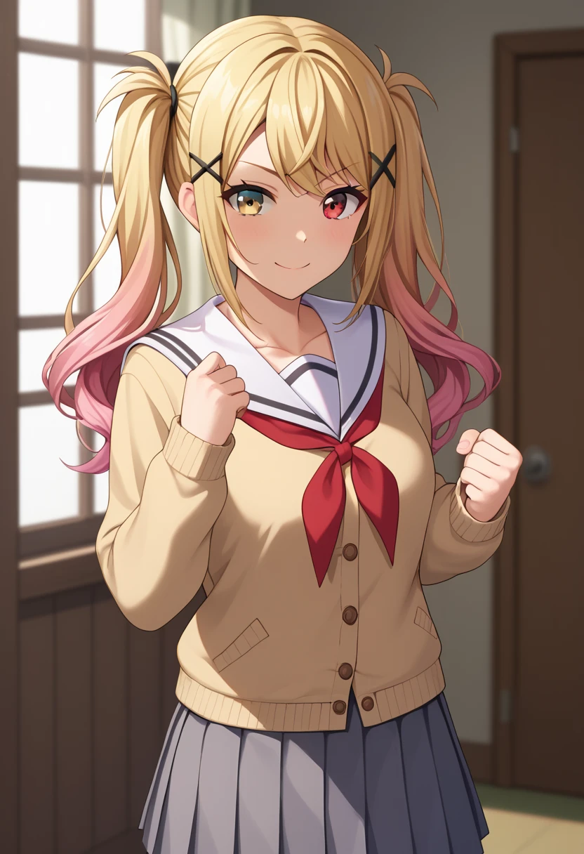 score_9, score_8_up, score_7_up,score_6_up, score_5_up, score_4_up , 1girl, solo, heterochromia, Arisaichigaya, ArisaIchigaya,long hair,twintails,side bangs,x hair ornament,hairclip  ,brown eyes,blonde_hair,collarbone,school uniform,serafuku, sailor collar, white sailor collar,brown sleeves,long sleeves, buttons, sailor dress,   brown dress, pleated dress,short dress hanasakigawa school uniform, saki, blonde hair, long hair, pink hair, gradient hair, red eyes, twintails, 1girl, solo, bangs, skirt,  long sleeves, school uniform, collarbone, sidelocks, pleated skirt, serafuku, sailor collar, neckerchief, cardigan, clenched hand, red neckerchief, grey skirt, white sailor collar, yellow cardigan, flirting, cowboy shot, simple background