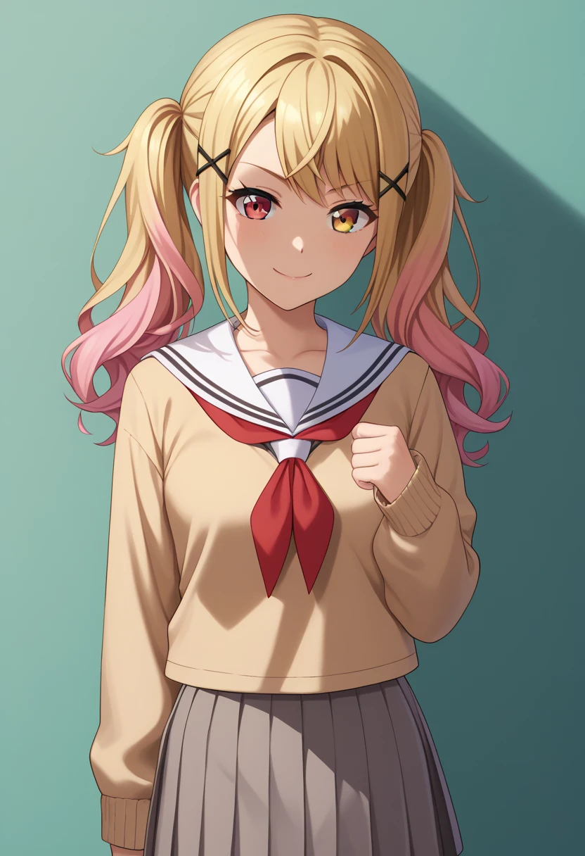 score_9, score_8_up, score_7_up,score_6_up, score_5_up, score_4_up , 1girl, solo, heterochromia, Arisaichigaya, ArisaIchigaya,long hair,twintails,side bangs,x hair ornament,hairclip  ,brown eyes,blonde_hair,collarbone,school uniform,serafuku, sailor collar, white sailor collar,brown sleeves,long sleeves, buttons, sailor dress,   brown dress, pleated dress,short dress hanasakigawa school uniform, saki, blonde hair, long hair, pink hair, gradient hair, red eyes, twintails, 1girl, solo, bangs, skirt,  long sleeves, school uniform, collarbone, sidelocks, pleated skirt, serafuku, sailor collar, neckerchief, cardigan, clenched hand, red neckerchief, grey skirt, white sailor collar, yellow cardigan, flirting, cowboy shot, simple background