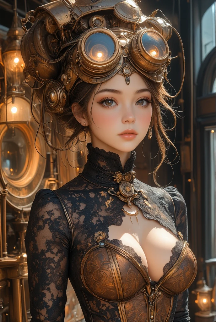  Women in the Steampunk World  , Elegant Clockwork Gears , Brass Goggles ,  Complex Mechanical Details , steampunk costume,  Victorian Fashion ,  beautiful detailed eyes,  beautifully detailed lips,  Extremely Detailed Eyes and Faces ,  has long eyelashes,  cinematic lighting, Dramatic Shadows, Warm tones, ( top quality,4K,8k, high definition ,masterpiece:1.2), super detailed ,( realistic ,photo- realistic ,photo- realistic :1.37), cinematic composition, Dramatic Poses,  highly detailed steampunk machinery, Glamorous Victorian Architecture , Shiny brass and copper accents  , voluminous, sexy, erotic , beautiful face, detailed face ,Perfect Proportions,Big Breasts, thin waist ,belly button, crotch gap ,Thighs, dynamic poses ,Change your position, dynamic angle, fantasy art,Beautiful art, Fantasy World,