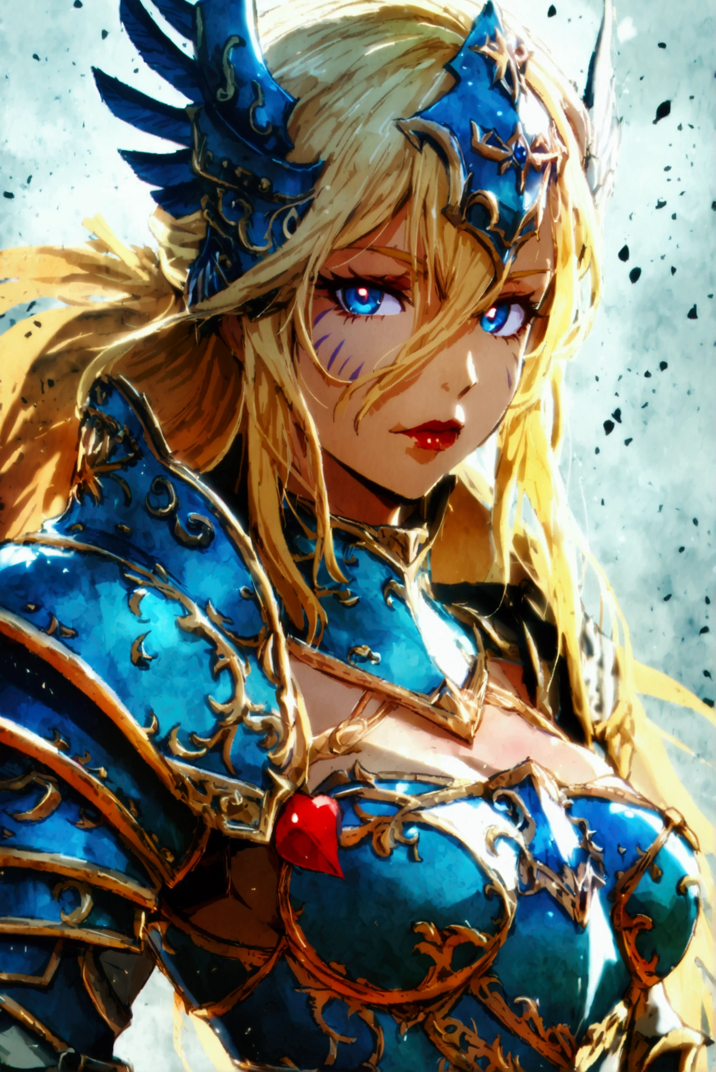 A beauty girl valkyrie, Anime skin texture, ( Valkyrie Armor :1.2), 8k Alta definición, incredibly detailed, elegant, 1 girl,  high resolution, long hair, blond hair, fringe, Hair between eyes, breasts, Devils eyes, wicked, Blue eyes, Anatómicamente correcto, Estilo animado, full body, (cuerpo completo: 1.3)