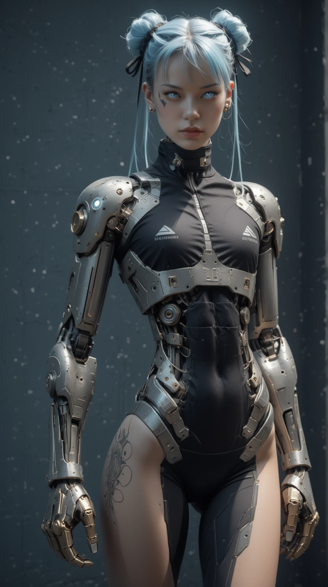 (nsfw:1), (Uncensored:1), score_9, score_8_up, score_7_up, (Three Quarters Shot), (1 girl), (Cyborg Chun-Li), beautiful teenage (skinny) muscular Asian cyborg girl, (bio-mecha:1.25), (mechanical Cyborg arms:1.65), (mechanical Cyborg jaw:1.25), ((skinny waist & torso:1.5)),  (blue glowing eyes:1.25), (black sclera:1.25), (beautiful face:1.25), (flat chest:1.25), (blue glowing hair:1.25), metallic, circuits, cables, bimbo lips, 2 hair buns,  high res, standing, hand bands, hand on hip, looking to the side, camel-toe,  gothic neon style, cyber punk style, super realistic image, arm0rpunkv4, CyberRealistic_Negative_PONY