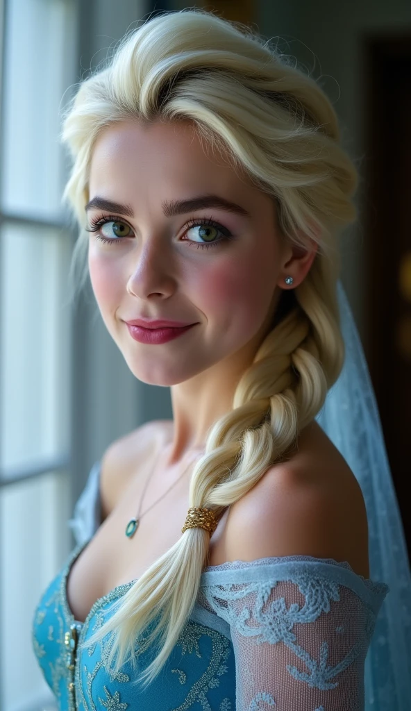 A stunning portrait of Elsa, queen of arendelle, young and beautiful, hyper realistic, real portrait, backlit, exquisite features, cleavage, sexy, seductive