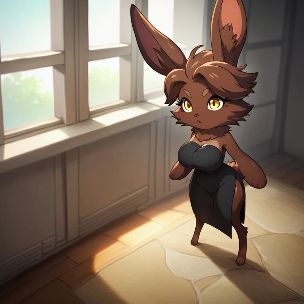 score_9, score_8_up, score_7_up, score_6_up, score_5_up, score_4_up, source_furry, Bilacslf, semi-anthro ,female, rabbit, brown fur, gold eyes, standing, black dress, side slit, inside, breast implants (perfect round breast implants)