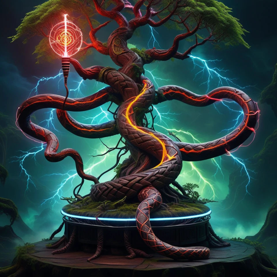  Vikingpunk AI  (Tesla Peng Kai:1.1)  electric snake wrapped around the world tree Yggdrasil,Comes with a Tesla coil  ,  Height Detailed , Complex,  Science Fiction ,  impressive lighting , vibrant colors, Complex detailed background