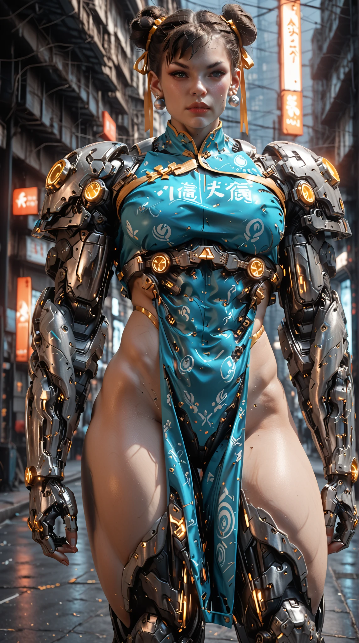 (nsfw:1), (Uncensored:1), score_9, score_8_up, score_7_up, (Three Quarters Shot), A hyper-realistic depiction of Chun-Li as a powerful, futuristic muscular cyborg warrior. She stands confidently in a dramatic cyberpunk environment with neon-lit streets and glowing holographic signs in the background. Her muscular physique is emphasized with intricate, polished cybernetic enhancements covering her arms, legs, and torso, seamlessly blending with her human features. Her iconic blue qipao is reimagined with high-tech materials, reinforced armor plating, and glowing blue accents that pulse with energy. Her buns are adorned with metallic and cybernetic details, and her face retains her strong, determined expression with glowing, piercing blue eyes. The scene features dynamic lighting, with neon blues, purples, and dark metallic tones reflecting off her cybernetic body, creating a dramatic and powerful atmosphere. Her pose is confident and battle-ready, exuding strength and grace in equal measure, arm0rpunkv4, 