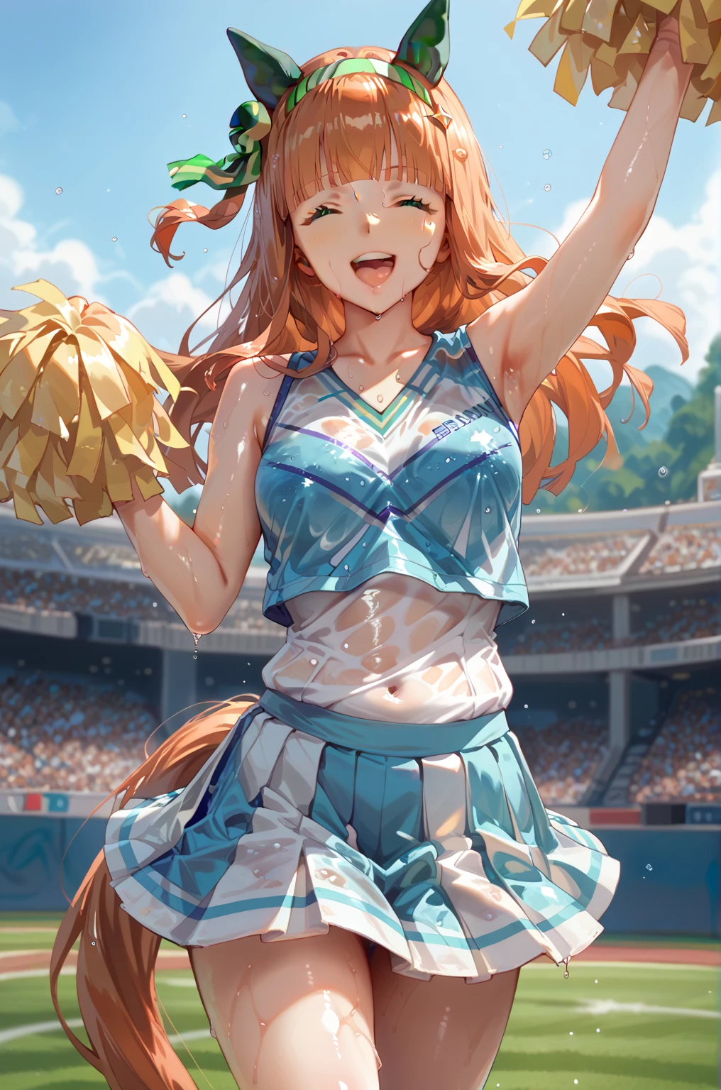 1 girl, solo, silence suzuka \(umamusume\), cheerleader, pom pom \(cheerleading\), pleated skirt, best quality, laugh, good anatomy, masterpiece, shiny, shiny skin, shiny outfit, wet clothes, wet skin, dynamic pose