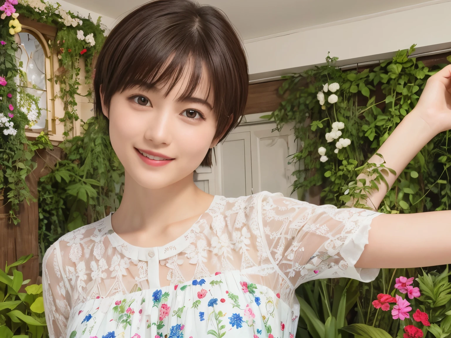 339 (20-year-old female, short hair), ( high image quality), (smile), ( Colorful Dress), ((Arietti's View of the World )), (BIG PLANTS ), (Dollhouse)