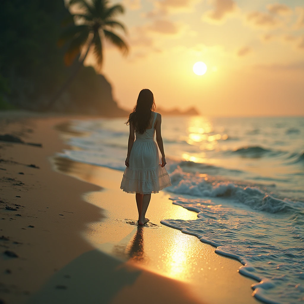 (((hight resolution)))、(in 8K)、 (((ighly detailed)))、(top-quality、​masterpiece:1.3)、((sharpnes))、ciinematic light、Full view、Vast sky、the beautiful skyline、Vast sea、Far Horizon、Distant waves、Distant islands々、Into the cloud、 extremely tense and dramatic pictures、the moving visual effects、The sun climbed high、the colorful natural light、White sandy beach、Girl walking on the beach、