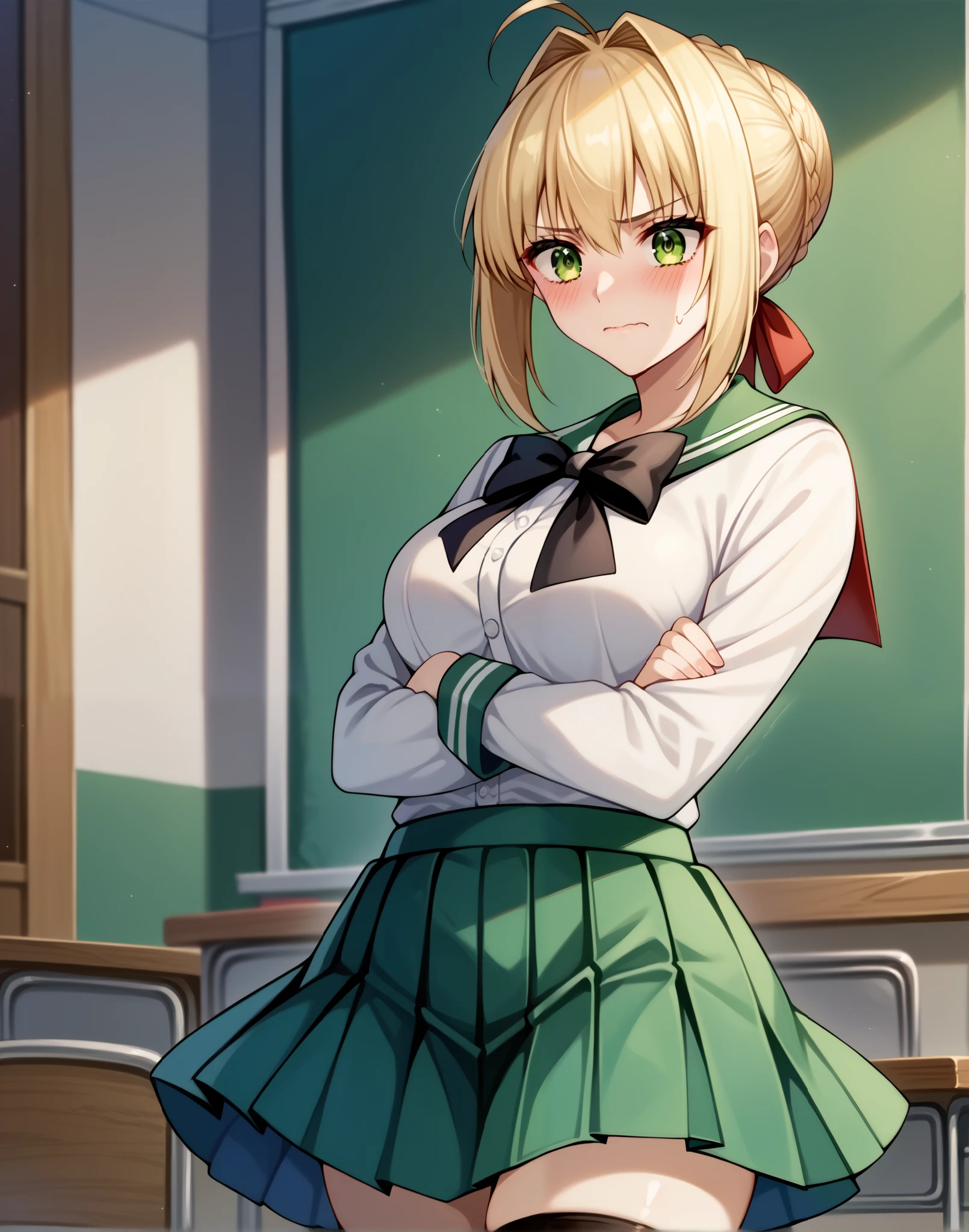 score_9, score_8_up, score_7_up, source_anime, 4K,perfect fingers,
1girl,solo,nero, ahoge, blonde hair, green eyes, hair between eyes, hair intakes, large breasts, braid, french braid, hair bun,single hair bun,, 
skirt, thighhighs, school uniform, serafuku, zettai ryouiki, green skirt, bowtie, long sleeves, black thighhighs, black bowtie,
(embarrassed, closed mouth:1.4),