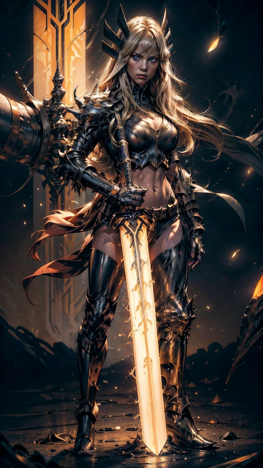 Highly detailed, cinematic, realistic. A stunning and powerful depiction of Magik from the X-Men, standing confidently in the chaotic, fiery landscape of Limbo. She wears a sexy black leather outfit with yellow accents, exposing her toned midriff, with sleek armored accents that highlight her figure. Her ensemble includes thigh-high black leather boots, adding to her fierce and commanding look. Her long, flowing blonde hair cascades dramatically, framing her face with piercing blue eyes glowing with determination and power. In her hand, she wields the iconic yellow-orange Soul Sword, a massive buster sword, its edge pulsing with light. The background features jagged demonic terrain, fiery cracks, and swirling crimson skies, capturing the chaotic and infernal essence of Limbo. The composition exudes a blend of sensual beauty and raw strength, rendered in ultra-realistic detail, with dynamic lighting and vivid textures enhancing the scene