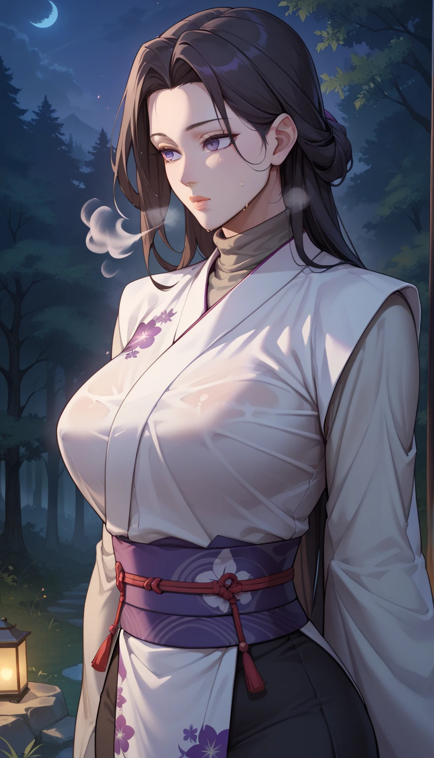 ((masterpiece)),  top quality,  Very detailed , masterpiece,  best quality, Fraction_9, Fraction_8_up, Fraction_7_up, Fraction_6_up, source_ Japanese Cartoon , grade_explicit, 1 Girl, ( unique :1.1), Big Breasts,  long hair, Black Hair,  Purple Eyes,  kimono, 白色 kimono,  turtleneck, Long sleeve,  Long skirt, expressionless,  Narrow shoulders,  Heavy Breath, steaming body, night, forest, outdoor, Watching the audience, , Wet clothes, transparent, upper body,