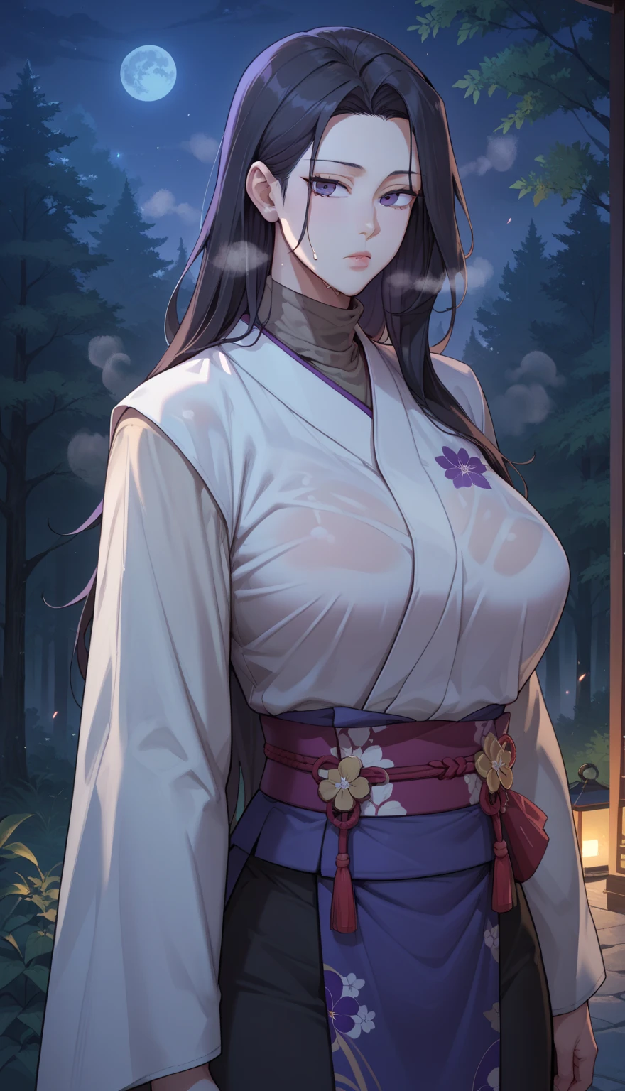 ((masterpiece)),  top quality,  Very detailed , masterpiece,  best quality, Fraction_9, Fraction_8_up, Fraction_7_up, Fraction_6_up, source_ Japanese Cartoon , grade_explicit, 1 Girl, ( unique :1.1), Big Breasts,  long hair, Black Hair,  Purple Eyes,  kimono, 白色 kimono,  turtleneck, Long sleeve,  Long skirt, expressionless,  Narrow shoulders,  Heavy Breath, steaming body, night, forest, outdoor, Watching the audience, , Wet clothes, transparent, upper body,