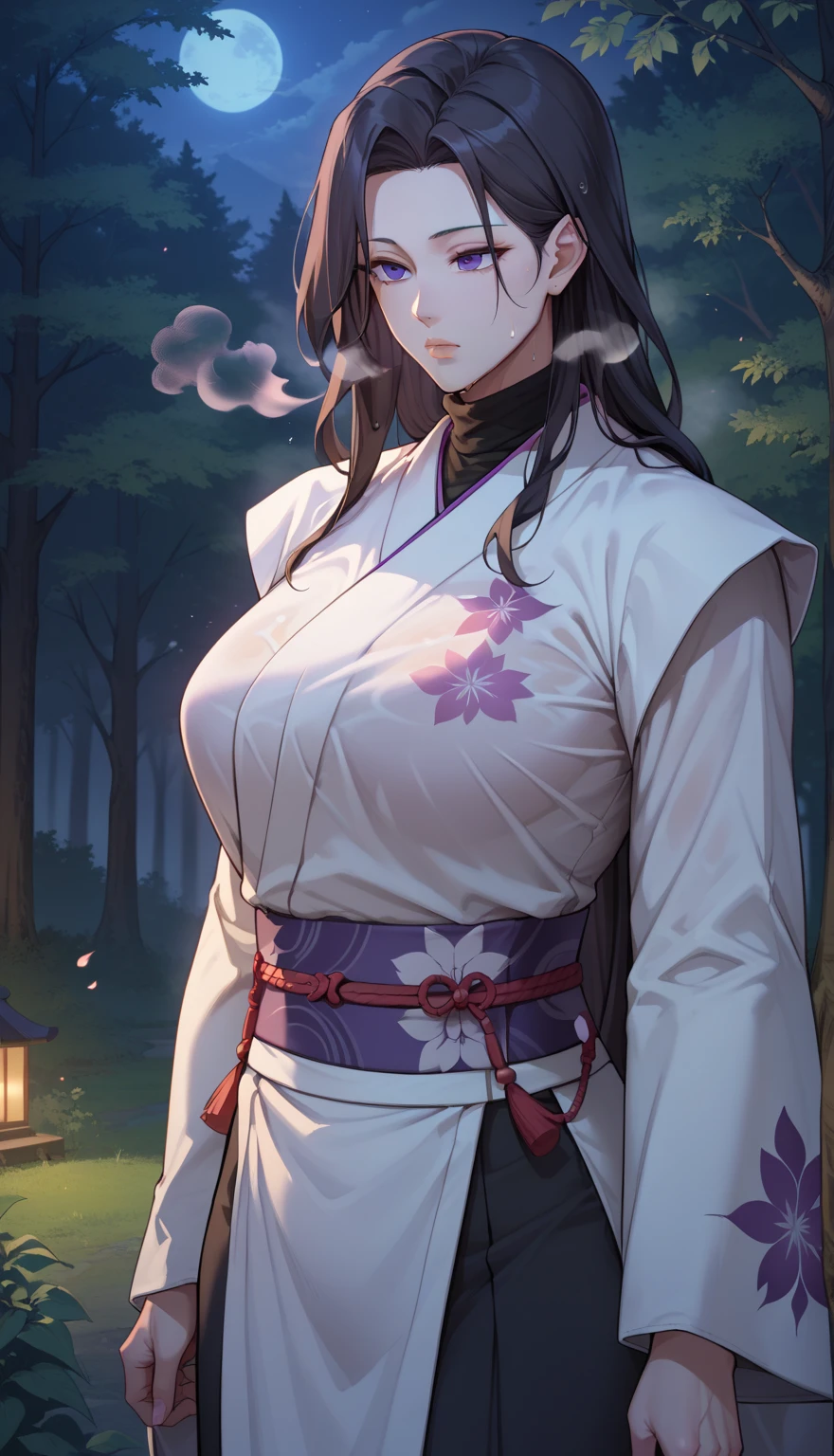 ((masterpiece)),  top quality,  Very detailed , masterpiece,  best quality, Fraction_9, Fraction_8_up, Fraction_7_up, Fraction_6_up, source_ Japanese Cartoon , grade_explicit, 1 Girl, ( unique :1.1), Big Breasts,  long hair, Black Hair,  Purple Eyes,  kimono, 白色 kimono,  turtleneck, Long sleeve,  Long skirt, expressionless,  Narrow shoulders,  Heavy Breath, steaming body, night, forest, outdoor, Watching the audience, , Wet clothes, transparent, upper body,