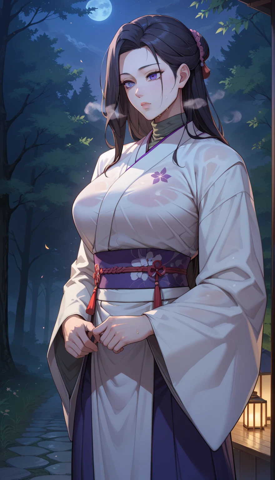 ((masterpiece)),  top quality,  Very detailed , masterpiece,  best quality, Fraction_9, Fraction_8_up, Fraction_7_up, Fraction_6_up, source_ Japanese Cartoon , grade_explicit, 1 Girl, ( unique :1.1), Big Breasts,  long hair, Black Hair,  Purple Eyes,  kimono, 白色 kimono,  turtleneck, Long sleeve,  Long skirt, expressionless,  Narrow shoulders,  Heavy Breath, steaming body, night, forest, outdoor, Watching the audience, , Wet clothes, transparent, upper body,