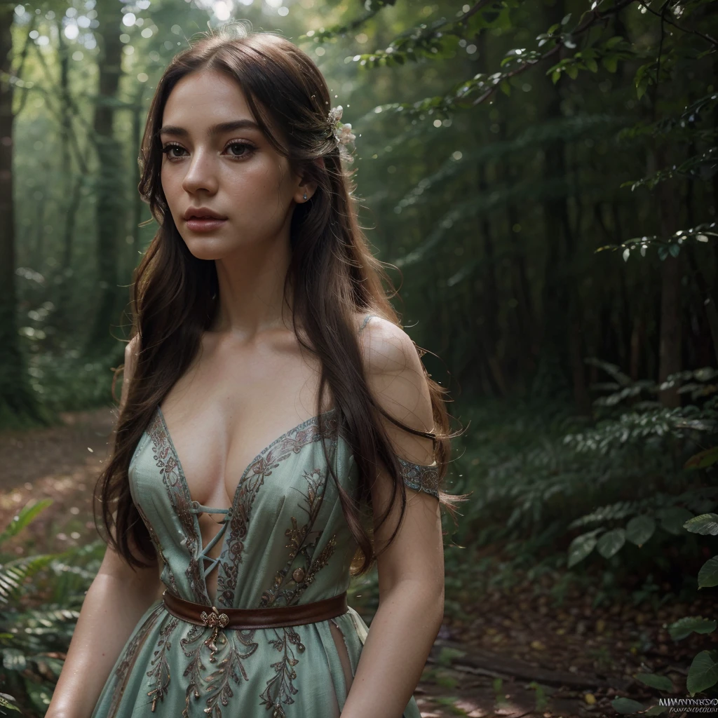 Enchanted Forest Mystique: Location - a lush forest; Theme - ethereal woodland glamour; Model - adorned in flowy, fairy-tale-inspired dresses, surrounded by nature, playing with light and shadows. Red hair, flawless face and body, maid Marian style, top half angle, (50mm lens), (Hasselblad X2D 100C), facial symmetry, balanced proportions, clear skin, and harmonious facial features, plaited hair, effortless beauty, English rose type, ample breast, facing camera, breasts covered by dress, princess, elegance, dress off shoulders, masterpiece, high detail