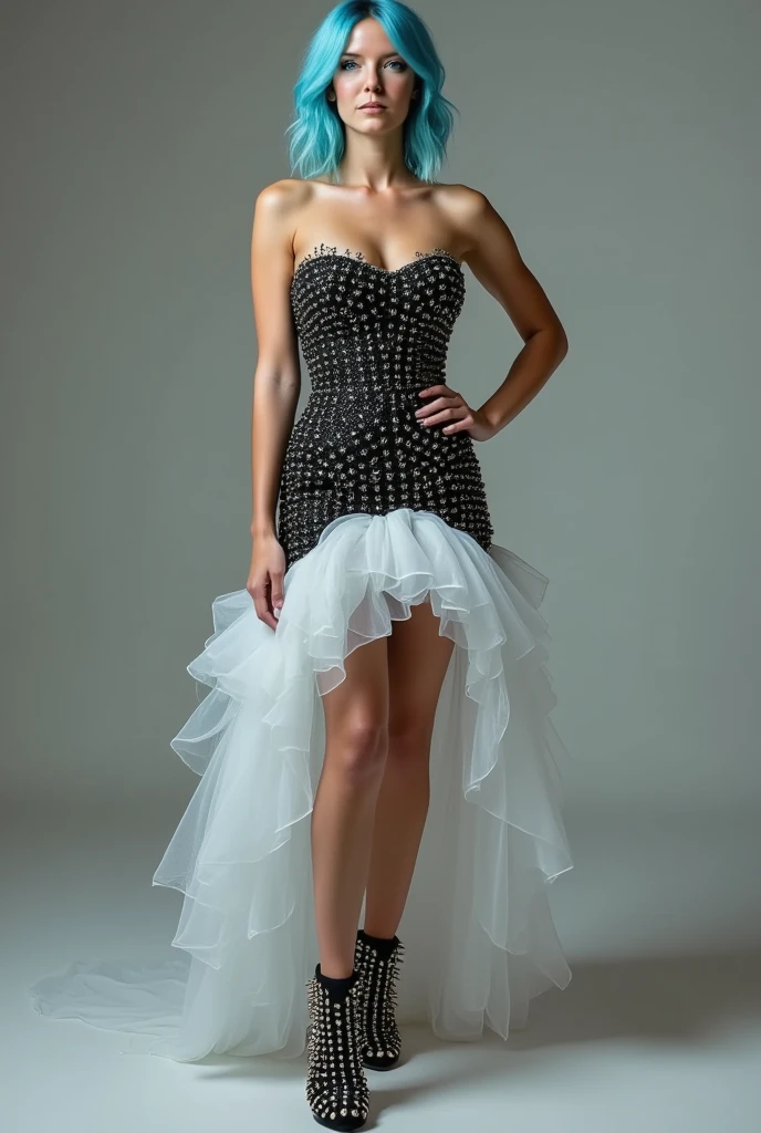 (((Full body photo from head to toe ))),  you can see a woman with a breathtaking dress that goes with her high heel lettos, Which are in black and white with a lot of small spikes .  The woman is slim and trained and has light blue hair .