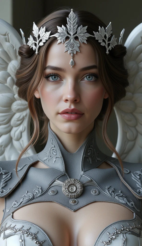 The goddess, winged tiara, silver laurel leaves, head to breast, silicone cybernetics. High Resolution, Masterpiece, Award Winning, Best Quality, High Details, High Quality, UHD, Optical Illusion, Impressionism, Art Deco, Cinematic, Cinematography, Futurism, Hyperrealism, Photorealistic, Unreal Engine, 