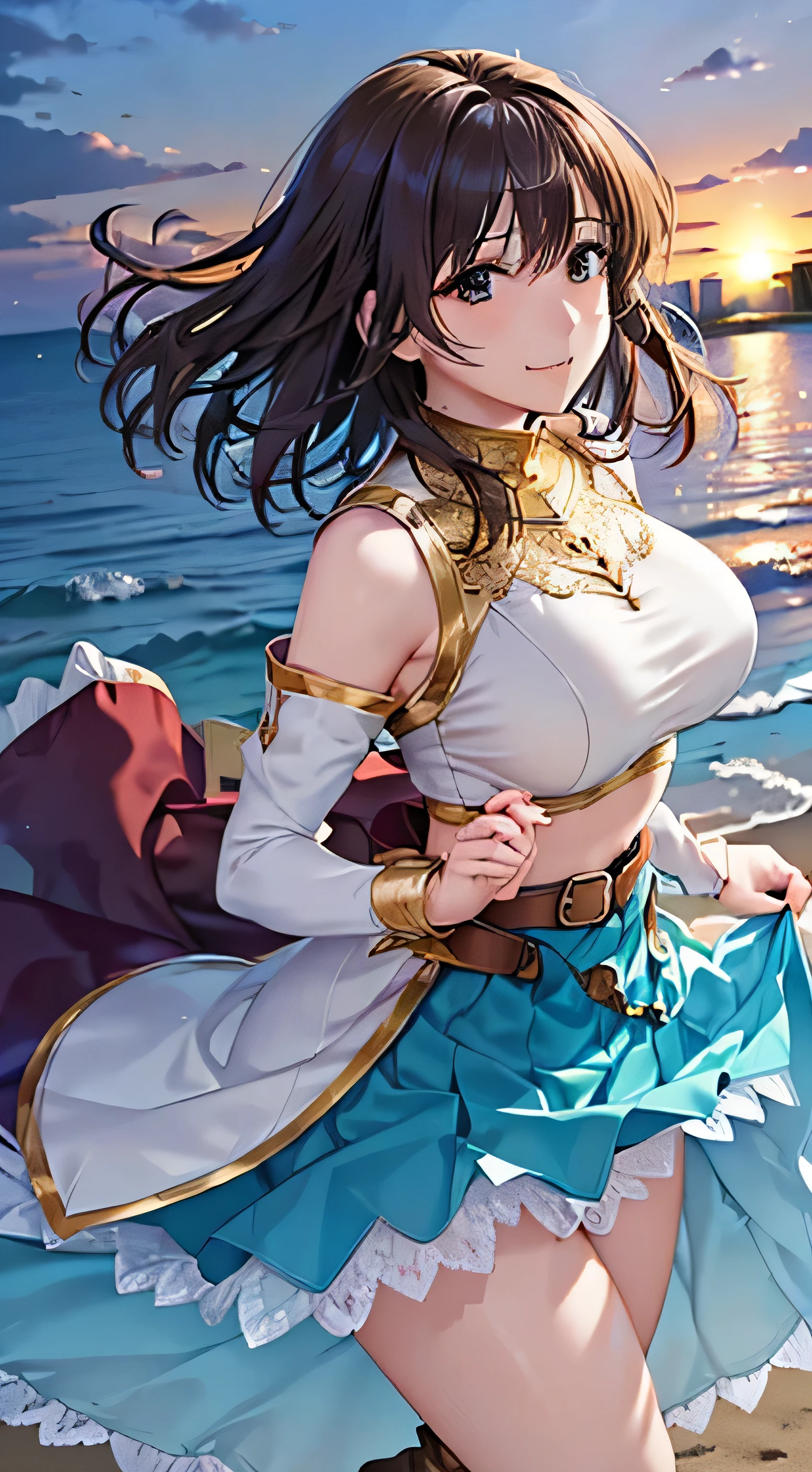 (( , top quality, , Pixel Perfect , 4K,))), 1 Woman , 、 (( short wave hair、 dark brown hair )), (( brown eyes , Beautiful eyelashes , realistic eyes)), (( detailed face , )), (( smooth texture:0.75, realistic texture:0.65, realistic :1.1, anime CG style)), small bust facing upward , dynamic angle, perfect body , (( , ,, Gold Shoulder Armor ,, Gold Breastplate, , white blue dress ,white blue flared skirt , Knee High Boots ,Arm guard , belt)), Golden Hair Ornament 、 cross necklace 、 sexy pose that emphasizes the chest 、 ( very cute smile, Bright red face、 staring upwards 、((( style and lift up your skirt、 Holding the Skirt with Both Hands )))、 the wind is blowing 、 sexy pink lace panties、、、、、)、 Beach with a view of the castle 、 beautiful ocean、、 show your butt、
