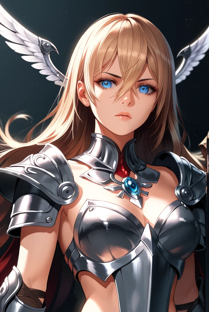 A beauty girl valkyrie, Anime skin texture, ( Valkyrie Armor :1.2), 8k Alta definición,  incredibly detailed, elegant, 1 girl,  high resolution, long hair, blond hair, fringe, Hair between eyes, breasts, Devils eyes, wicked, Blue eyes, Anatómicamente correcto, Estilo animado, full body, (cuerpo completo: 1.3)