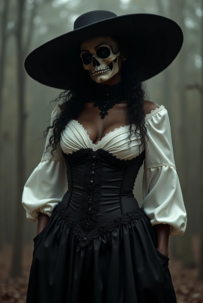 Woman with black skin, white torn dress with blood, Red eyes, black shirt and waist corset 