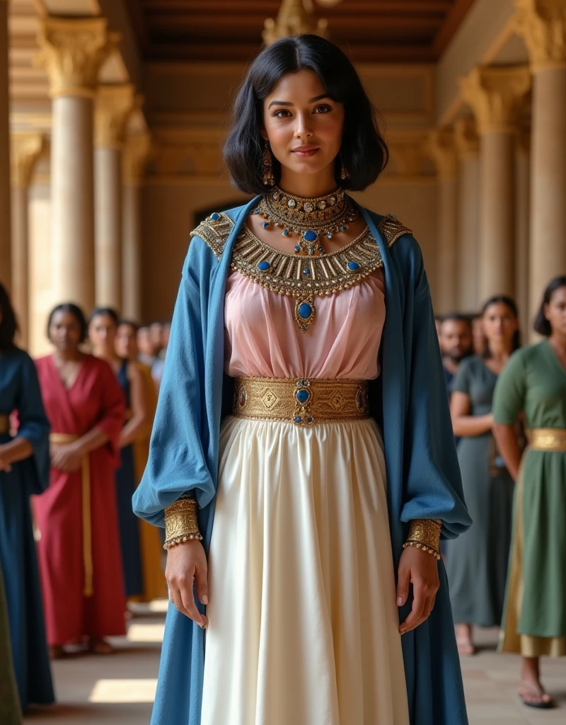 Front View,  looking at viewer, 1000 BC , 1 Female ,  Sheba of Queen,  ruler of Egypt and Ethiopia  Woman 28-age , (Black hair bobbed hair , smile,  lapis lazuli earrings,  Gorgeous Jeweled Necklaces ,   Egypt type Tiara with lapis lazuli),  (White Sheer Hood ), (ancient Egypt blue silk clothes,   Pink Silk See-Through Shot Blouse ,  White Silk Long See-through Skirt , white see through  veil),  Gorgeous Sandals , with  many personal male female assistant, in Jewish palace,(textured skin ,  HI detail skin slightly, Canon, 8k,  anatomically accurate ,  super detailed,  attention to detail, Your Highness)