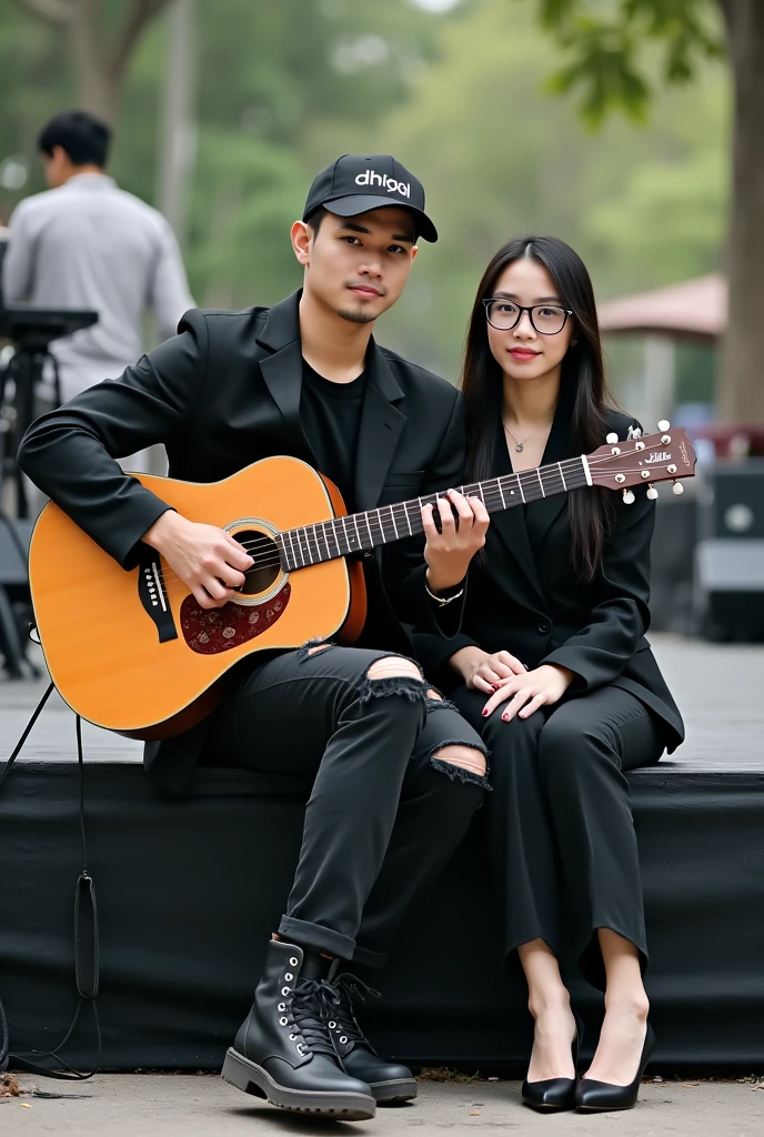 full body, a handsome Indonesian man with black hair, wearing a white hoodie, black trousers, wear sneakers, he was playing guitar in a beautiful garden. behind him is a beautiful woman (his girlfriend) was embracing Lelski's neck, the black-haired woman was hugging Mersa. Their faces are facing forward looking at the camera, the picture is very clear,nyata realistic 64k
