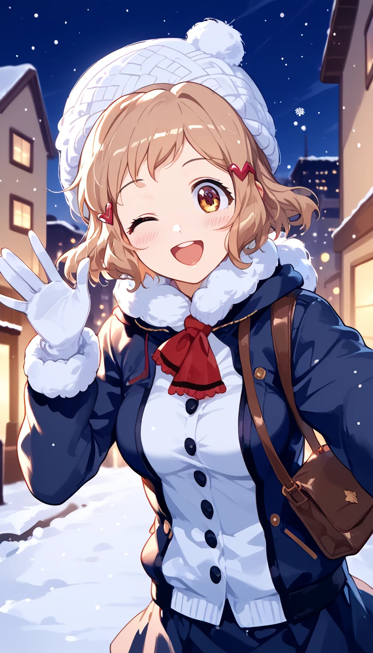  top quality,  soft light during the cruise,  super high resolution , cute, Beautiful face in every detail , high-resolution details of the texture of human skin, shiny skin,,Heat, white breath , squinting, tilt your neck, standing with different breasts ,Hibiki Tachibana,Brown Hair,Short Hair,cute winter plain clothes , snow falling ,night,,Big eyes,City, has one eye closed,gloves, waving,Fluffy jacket, shameful ,fluffy knit hat,,smile, open mouth , backlit,Carrying a cute bag over your shoulder ,blush,Face is close