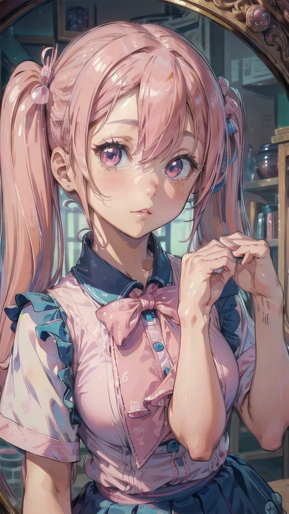 , pink hair double bun, white solid shirt, pink bow tie, suspenders, jeans, from above