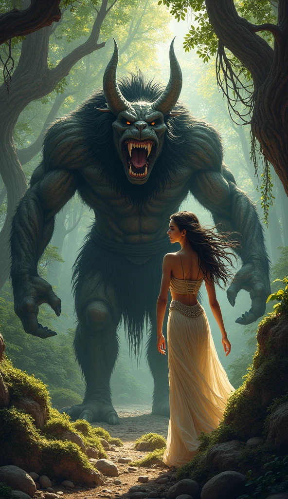 A woman facing the camera walking in front of a mystical minotaur holding a rope tied to the minotaur's collar