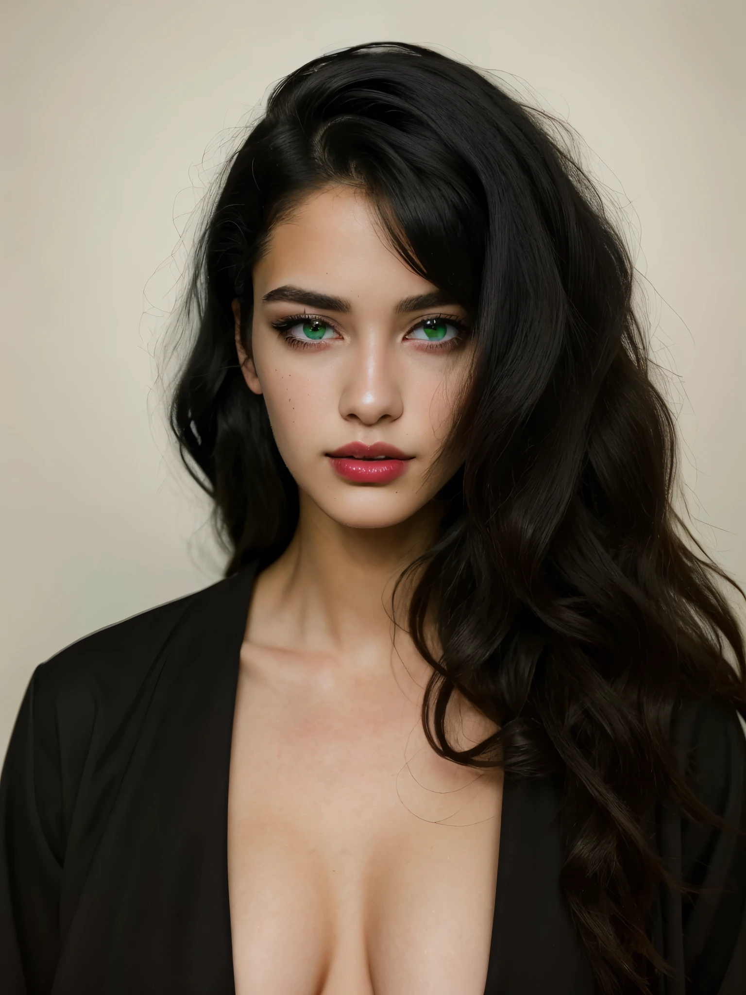Monochrome, United States, 18 year old American woman, small lips, green eyes, medium eyelashes, medium nose, medium ears, thick eyebrows, long black hair, looks away, natural skin, moles on skin. a girl with very big breasts posing for the camera, computer graphics by Nagasawa Rosetsu, tumblr, super flat, 4k, hd, 8k, a woman in lingerie looking out of a window, a polaroid photo by Ivor Williams, trending on cg society, art nouveau, enchanting, goth, hypnotic freckles on the chest, cold,