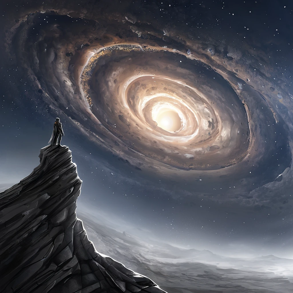 <lora:mwh3l4n:1> man stands on the ruins of a pillar at night looking at a spiral galaxy in the sky