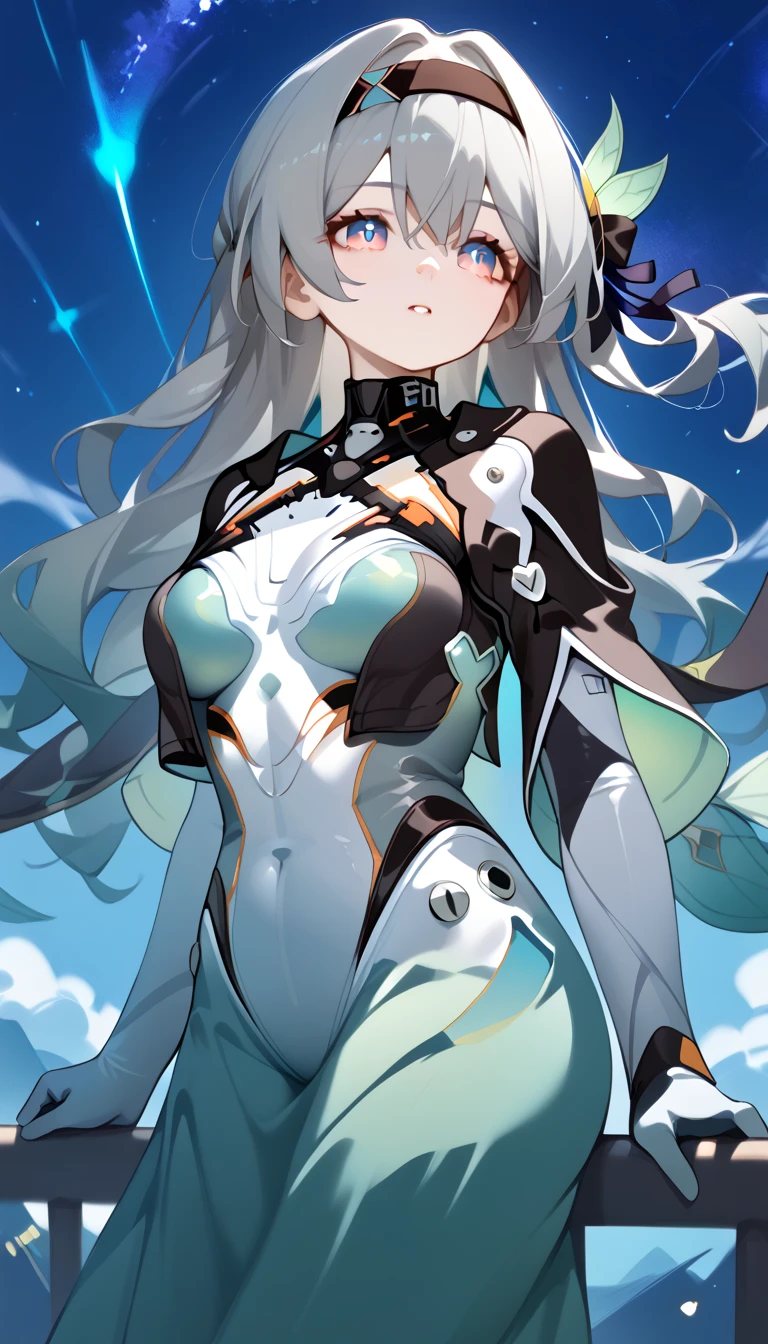 aahotaru , long hair, grey hair, black hairband, hair ornament, hair ribbon, multicolored eyes, breasts, black cape, dress, long sleeves, green skirt
aahotaru , long hair, grey hair, black hairband, hair ornament, hair ribbon, multicolored eyes, breasts, white bodysuit, plugsuit　 starry sky 