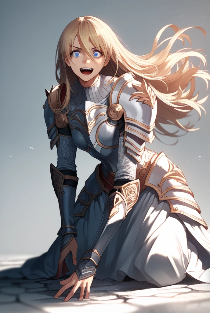 A beauty girl valkyrie, Anime skin texture, ( Valkyrie Armor :1.2), 8k Alta definición,  incredibly detailed, elegant, 1 girl,  high resolution, long hair, blond hair, fringe, Hair between eyes, breasts, crazy eyes, Blue eyes, Anatómicamente correcto, Estilo animado, full body, (cuerpo completo: 1.3), malvada.