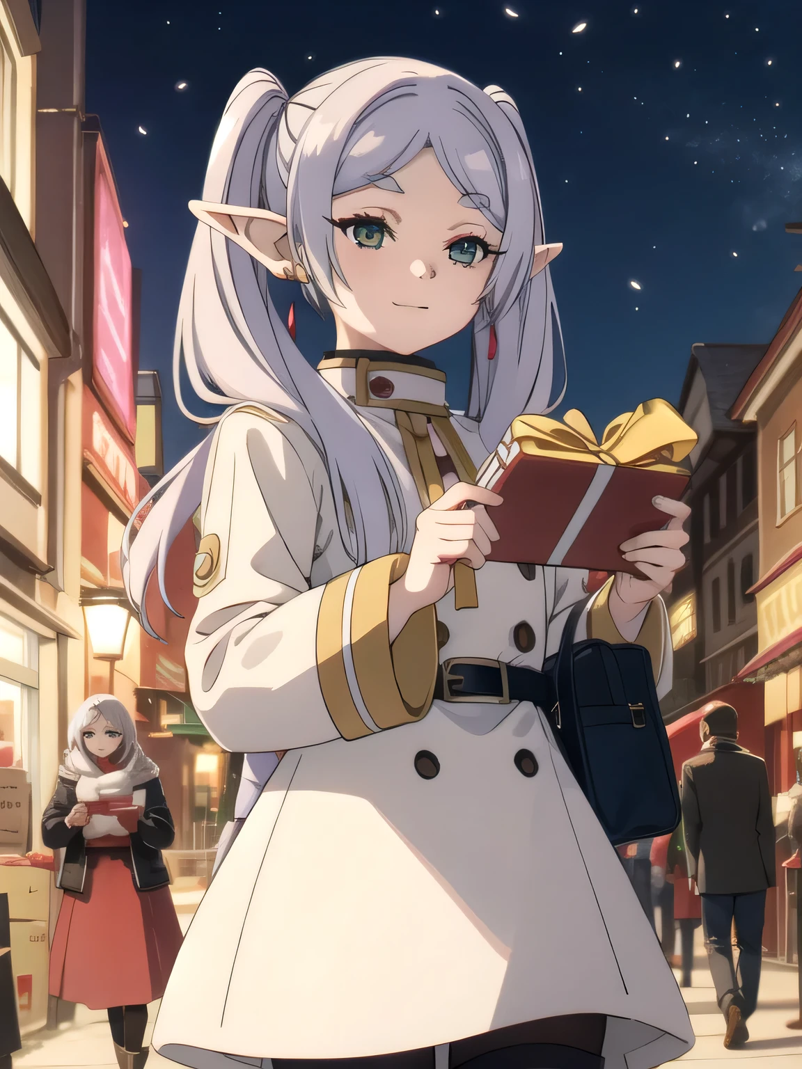She is dressed in a classic Santa Claus outfit, with a red and white coat, a matching skirt, and black boots, perfectly tailored to her small frame. On her back, she carries a large, white sack filled with presents, the soft fabric of the bag hinting at its generous contents. The The background is a street corner illuminated with Christmas decorations, with the sky transitioning from a warm orange of sunset to the cool blue of night. Snowflakes gently fall, adding to the tranquil winter atmosphere. The girl’s bright and cheerful expression contrasts beautifully with the peaceful surroundings, evoking a sense of warmth and festive joy.   portrait,  solo focus ,  holding a star ,  earrings,  Twin Tails , Elf,  long hair,  green eyes,   No Emotion,  parted bangs, bangs,  gray hair.