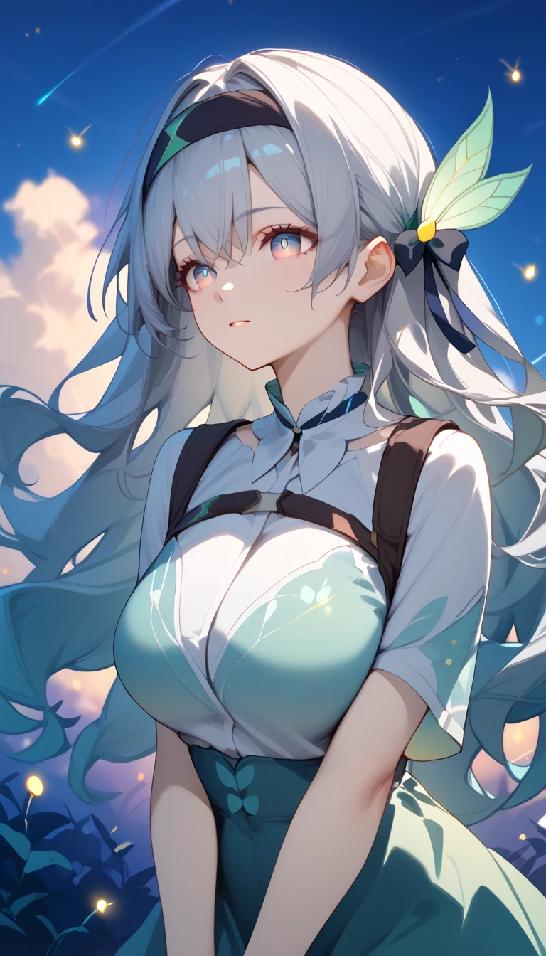 Firefly,   Big Breasts 　 long hair on background　silver hair　 Green Gradation　 headband　 hair ornament　Night Sky