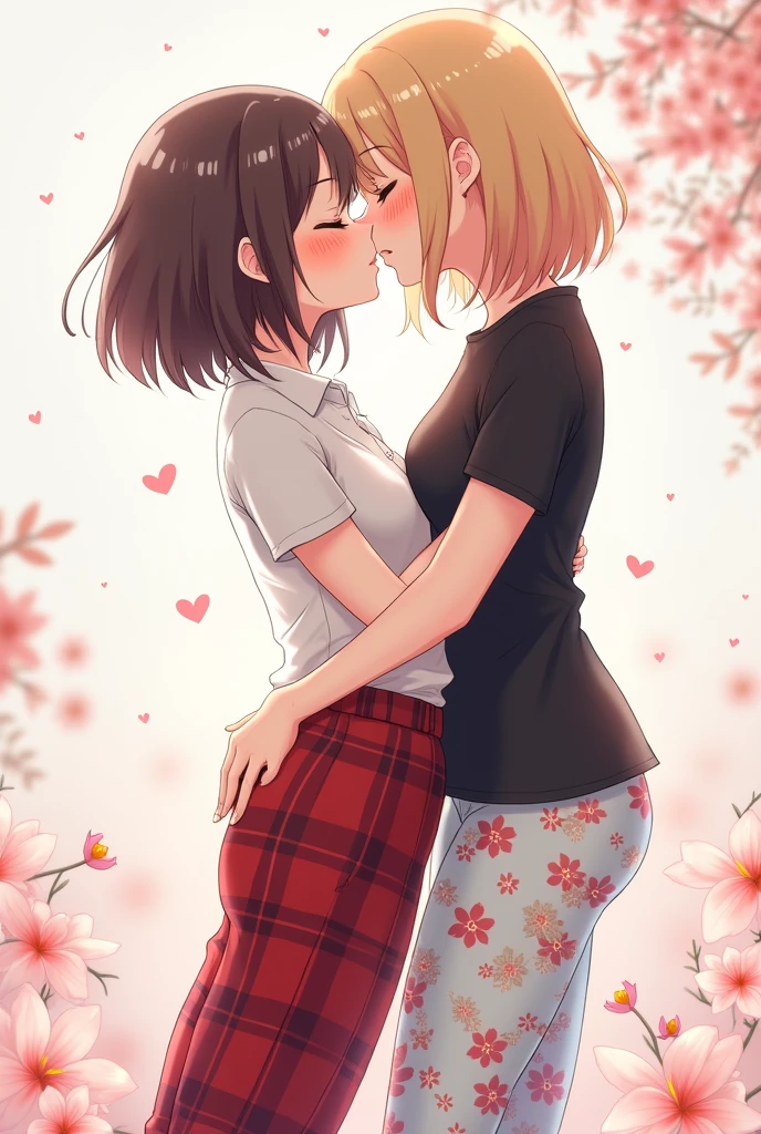 two women are kissing each other while sitting on a bench, lesbian kiss, lesbian embrace, lesbians, lesbian, kissing together cutely, lesbian art, portrait of two girls kissing, kissing together, one blonde and one brunette, woman holding another woman, kiss mouth to mouth, sapphic art, lovely kiss, kissing, two beautiful women in love, kissing each other