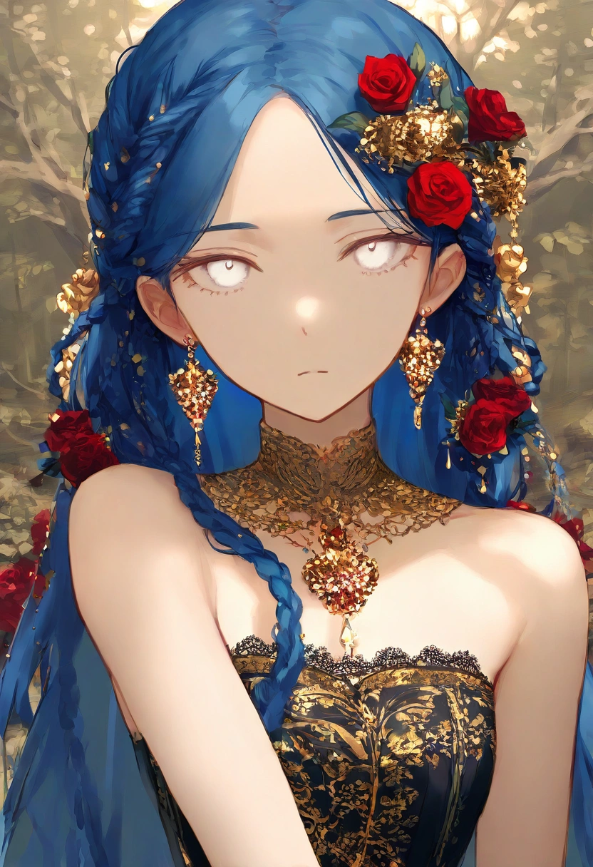 1girl, skinny,flower,light skin,solo female,jewelry,corset,parted bangs,looking at viewer,gold jewelry,blue hair,braid,upper body,red flower,rose flower,hair ornament,earrings,white eyes,bare shoulders,\long hair,forest background,lace,hair flower,strapless,plant,simple background,lace trim,