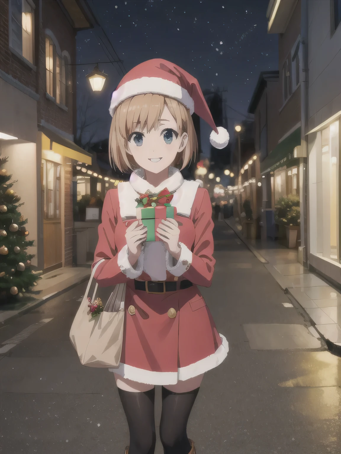 She is dressed in a classic Santa Claus outfit, with a red and white coat, a matching skirt, and black boots, perfectly tailored to her small frame. On her back, she carries a large, white sack filled with presents, the soft fabric of the bag hinting at its generous contents. The The background is a street corner illuminated with Christmas decorations, with the sky transitioning from a warm orange of sunset to the cool blue of night. Snowflakes gently fall, adding to the tranquil winter atmosphere. The girl’s bright and cheerful expression contrasts beautifully with the peaceful surroundings, evoking a sense of warmth and festive joy. smile.