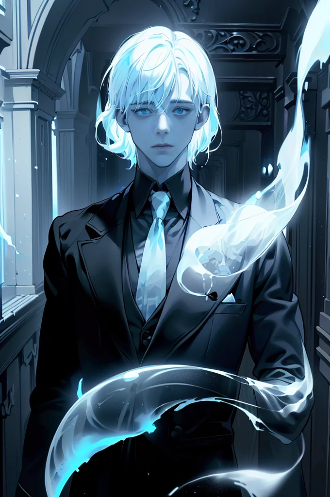 (1 boy, Young male), (An ethereal glowing ghost boy:1.5, Translucent body:1.2, see-though:1.3), (eyes looking to camera, Sadness Face, black over coat, black suit,necktie), (Body floating in the air:1.2), (Night corridor, dark room), Blue skin, Portrait