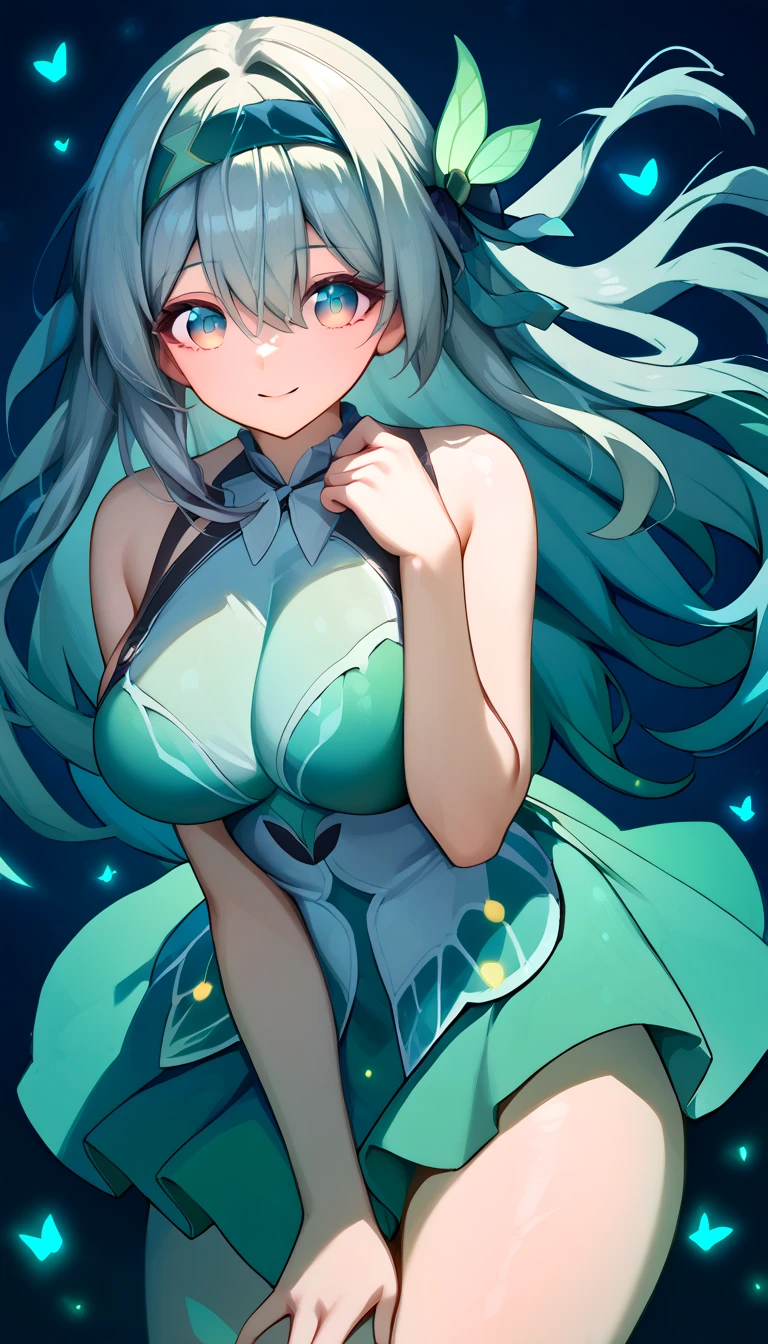 Firefly,   Big Breasts 　 long hair on background　silver hair　 Green Gradation　 headband　 hair ornament　Night Sky　 white dress　Smile