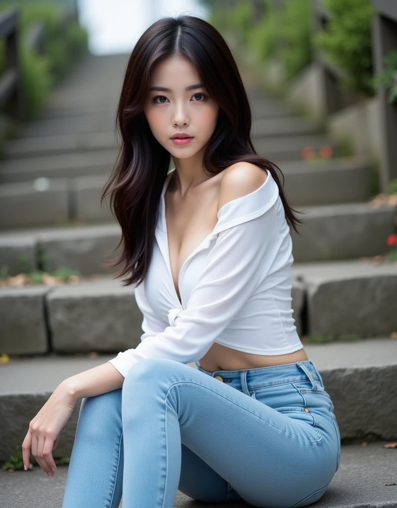 the most beautiful face of a 18 year old actress, perfect proportions of female body, tight t-shirt is on large breasts without bra, vagina, opened legs of female, naked lower body of female, pubic hair of female, on the chair, at street, nsfw, best quality, highly detailed, masterpiece, ultra high res, photo realistic, 8k, the prettiest one of japanese female