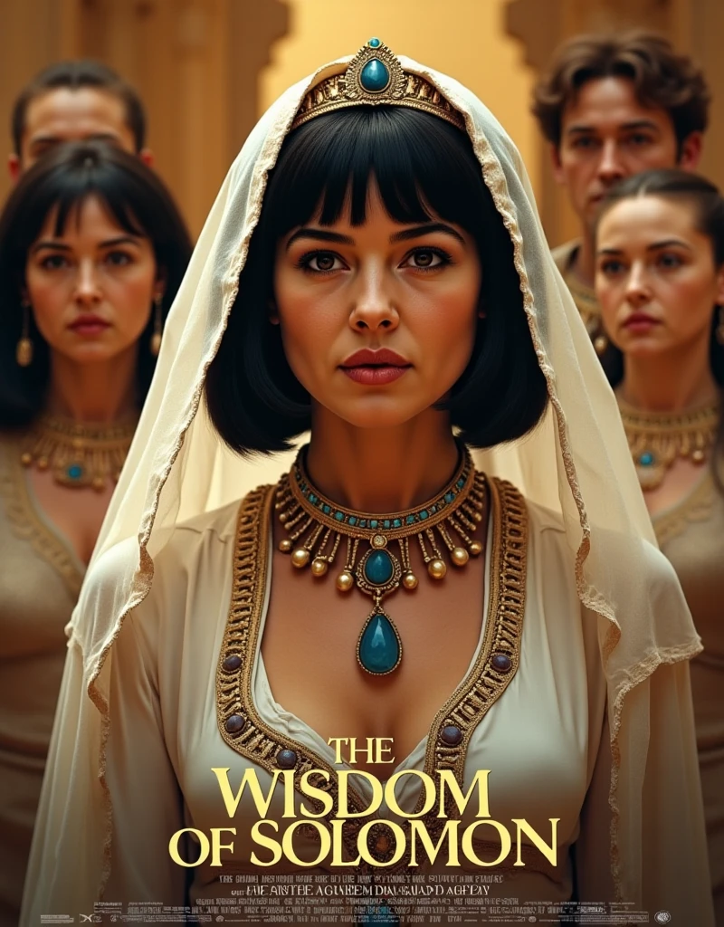 Move poster , title is white letter "wisdom of Solomon" writhing bottom screen,  Front View,  looking at viewer, 1000 BC , 1 Female ,  Sheba of Queen,  ruler of Egypt and Ethiopia  Woman 28-age , (Black hair bobbed hair , smile,  lapis lazuli earrings,  Gorgeous Jeweled Necklaces ,   Egypt type Tiara with lapis lazuli),  (White Sheer Hood ), (ancient Egypt blue silk clothes,   Pink Silk See-Through Shot Blouse ,  White Silk Long See-through Skirt , white see through  veil),  Gorgeous Sandals , with  many personal male female assistant, in Jewish palace,(textured skin ,  HI detail skin slightly, Canon, 8k,  anatomically accurate ,  super detailed,  attention to detail, Your Highness)