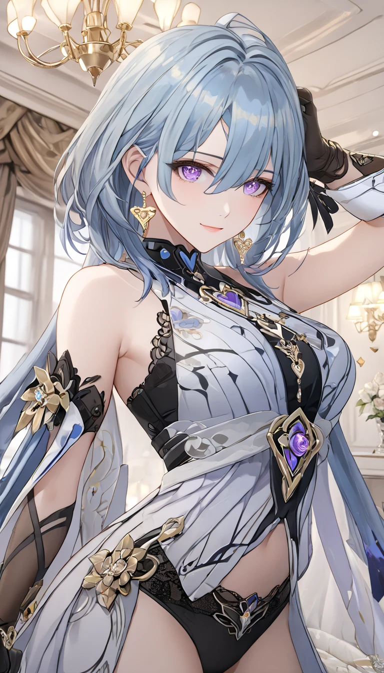 ultra-detailed,(best quality),((masterpiece)),(highres),original,extremely, 1girl, griseo,honkai impact 3rd, upper body, beautiful woman, beautiful body, mature, milf, wife,blue hair, purple eyes, heart, love, sexy pose, in one room, adjusting the hair, showing ear, gloves, looking at viewer, blush, maternal smile, black underwear, 8k, best quality, wallpaper,